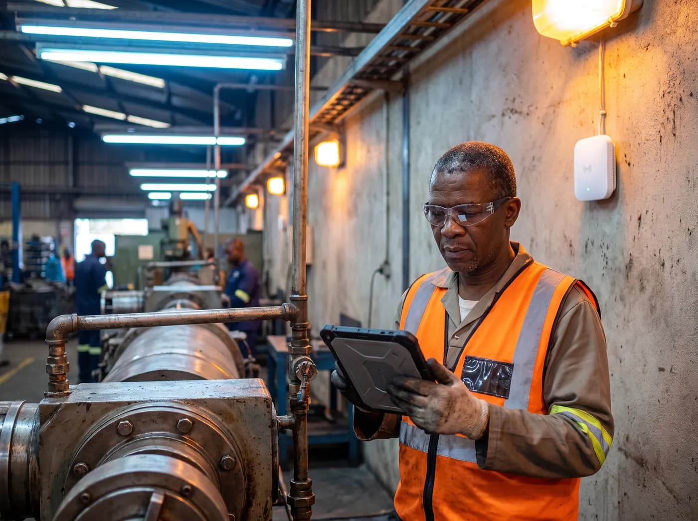 A production supervisor checking a tablet on a factory floor